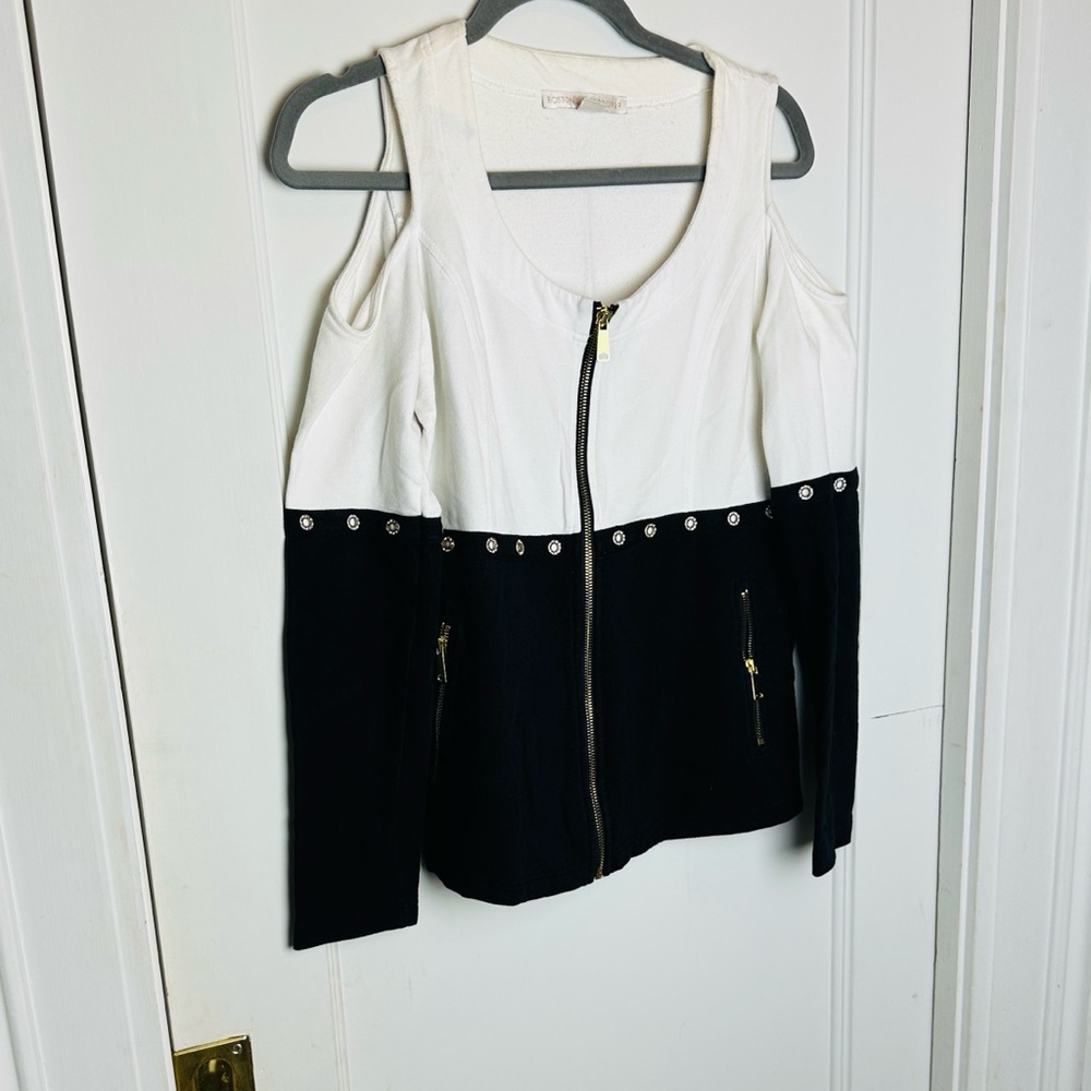 Boston Proper Black and White Cold Shoulder Stylish Sweater Top with Gold Detail